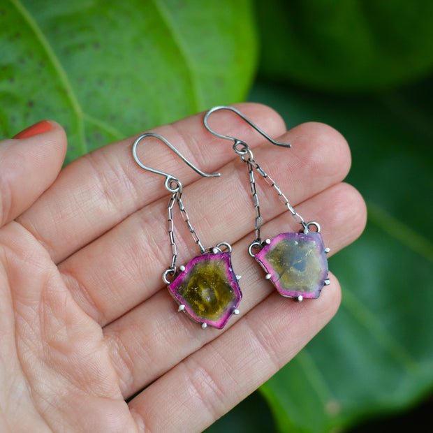 Bright Pink and Green Tourmaline Danglers- Statement Earrings