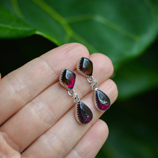 Deep Magenta Tourmaline Drop Earrings - Statement Studs