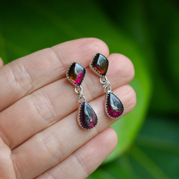 Deep Magenta Tourmaline Drop Earrings - Statement Studs