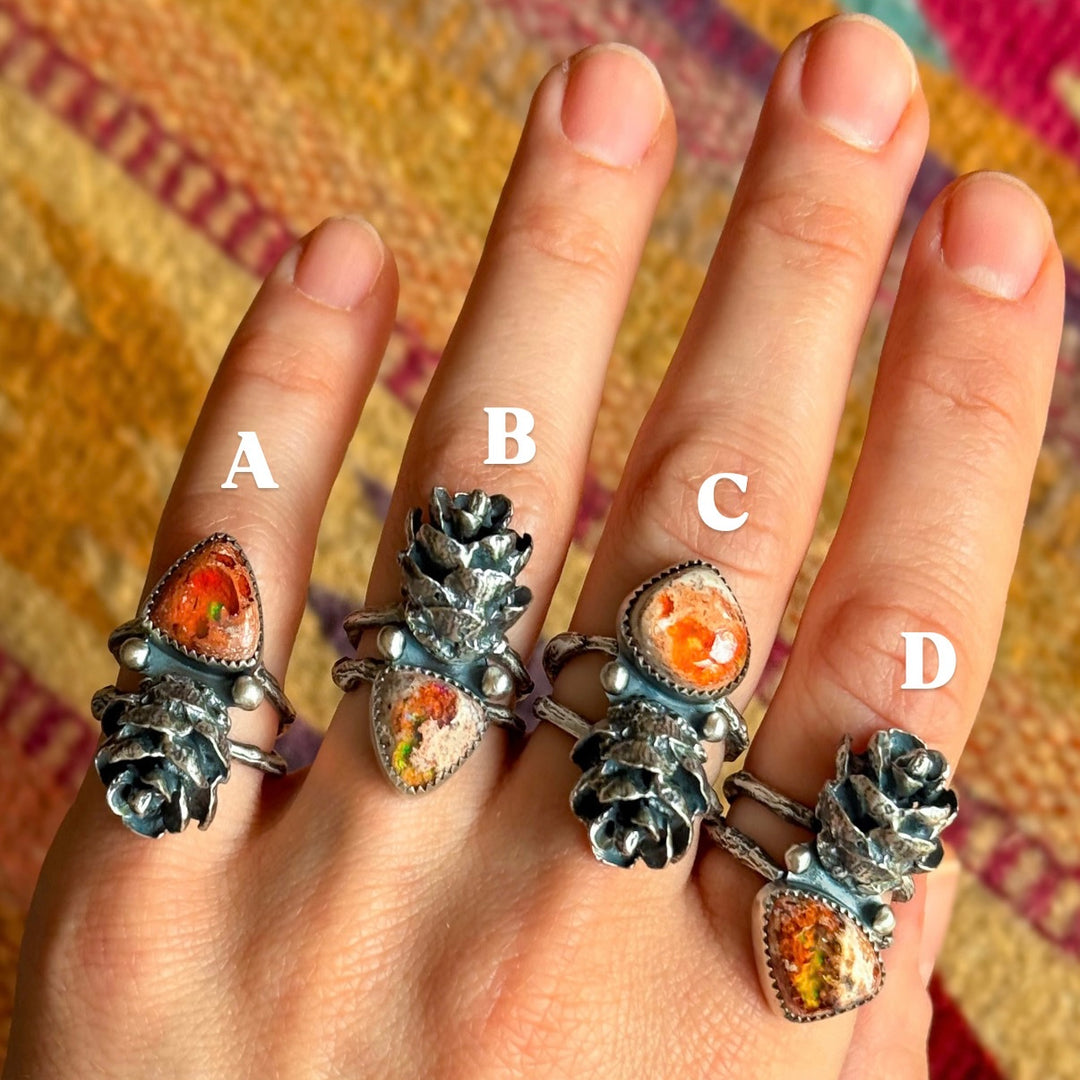 Evergreen & Ember Statement Rings - Fire Opal Pinecone Rings – The