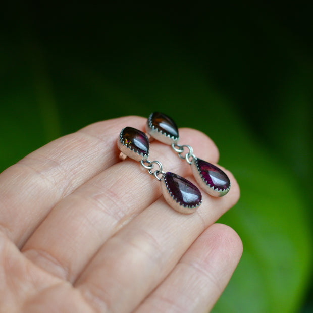 Deep Magenta Tourmaline Drop Earrings - Statement Studs