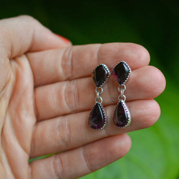 Deep Magenta Tourmaline Drop Earrings - Statement Studs