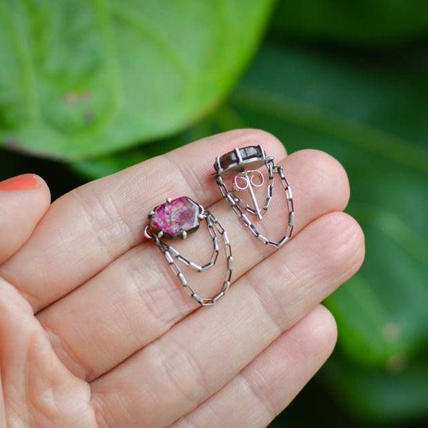 Pink Tourmaline Draped Studs- Statement Earrings