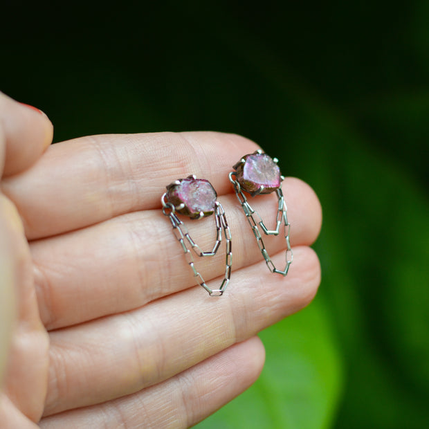 Pink Tourmaline Draped Studs- Statement Earrings
