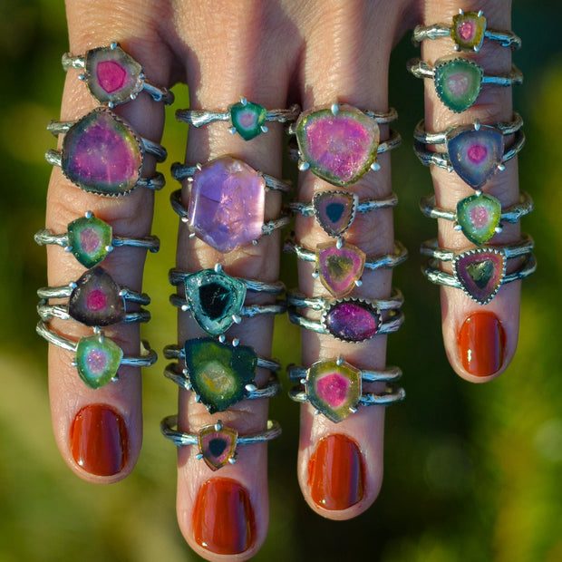 Tourmaline Twig Rings - Raw Gem Crystal Rings