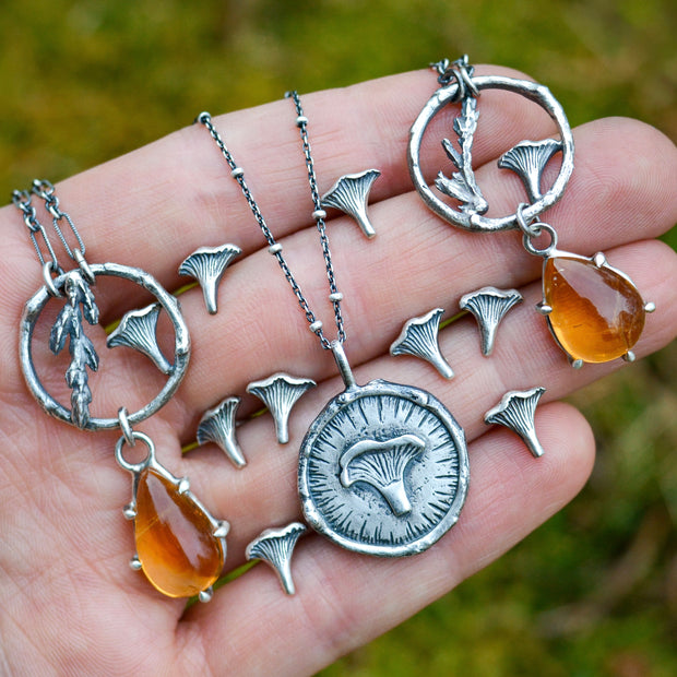 Mushroom Medallion - Hand Carved Chanterelle and Twig Pendant