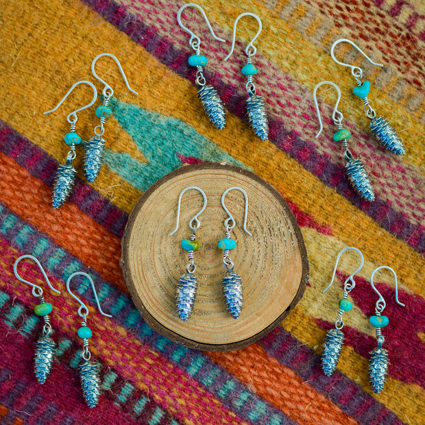Turquoise Pinecone Danglers - Natural Pilot Mountain Turquoise Earrings