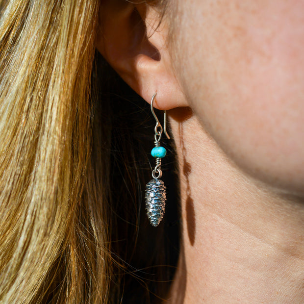 Turquoise Pinecone Danglers - Natural Pilot Mountain Turquoise Earrings