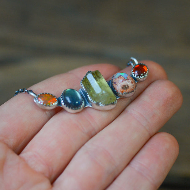 Gem Collector's Pendant 4 - Labradorite, Apatite, Fire Opal, Welo Opal & Garnet Necklace