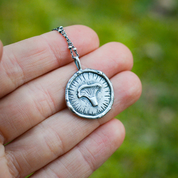 Silver Mushroom Medallion - Hand Carved Chanterelle and Twig Pendant