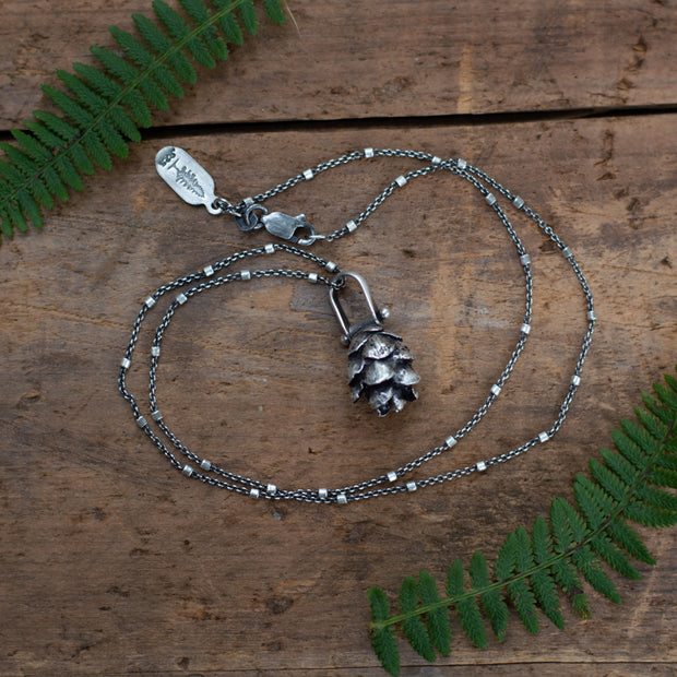 Wild Forest Pinecone Necklace with Long Beaded Chain | Silver Fall Pin –  Enchanted Leaves